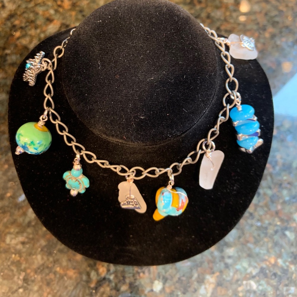 Hand crafted Lamp work bead and sea glass bracelet